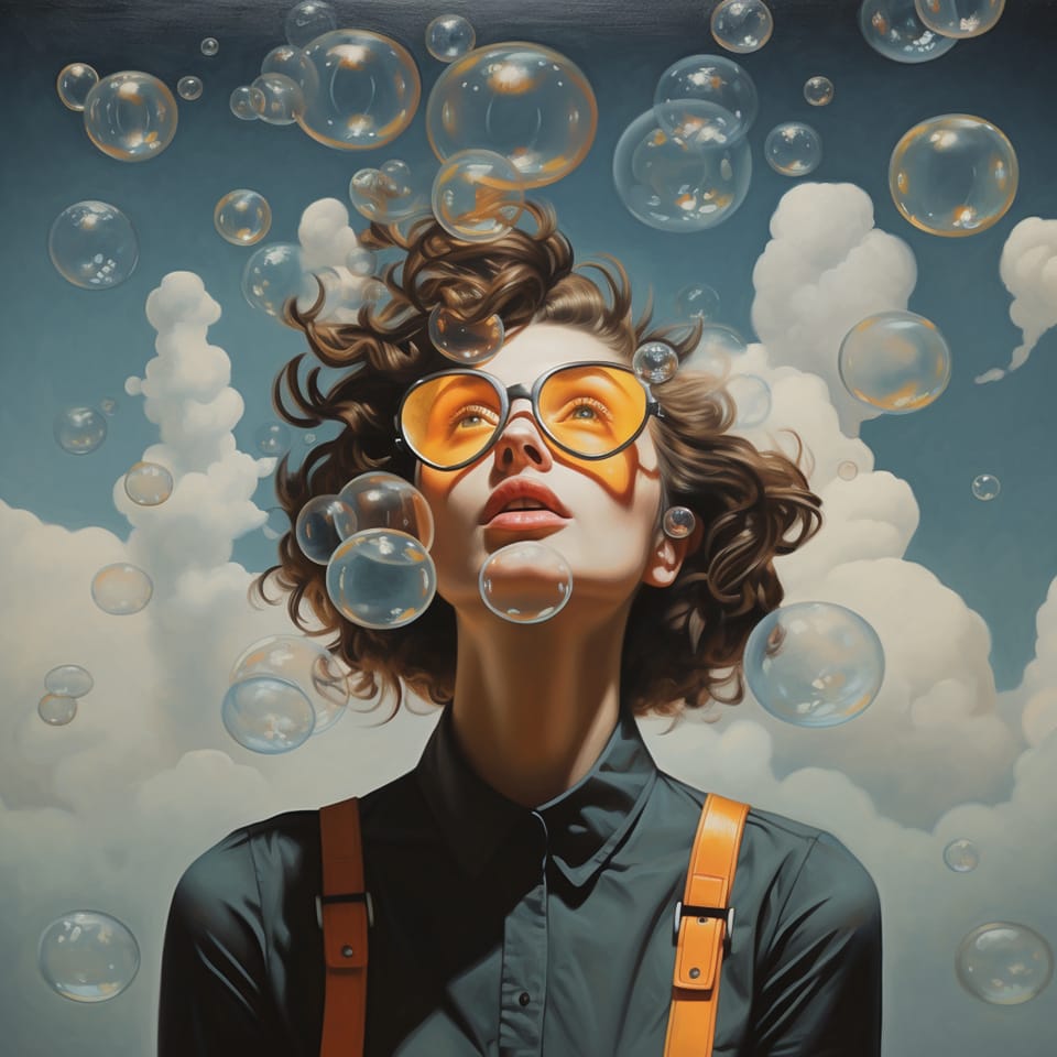 A young woman in orange-tinted glasses looks up at soap bubbles floating among the clouds