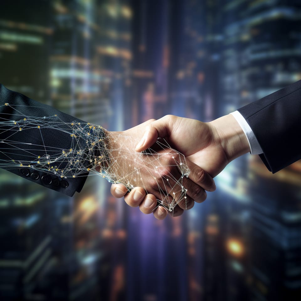 A handshake between a person and a hand made of glowing network lines, against a city skyline