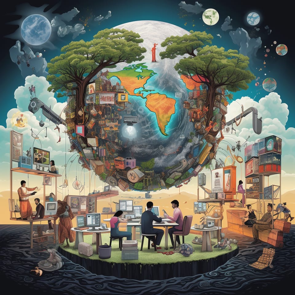 An illustrated globe wrapped in trees and cities, with people working at computers beneath it