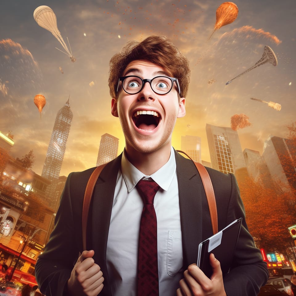 A young professional in glasses and a tie beams with excitement in front of a city skyline