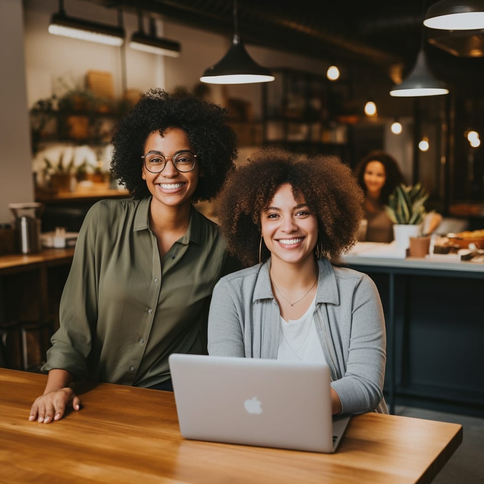 Two colleagues smiling at a laptop in a warmly lit workspace