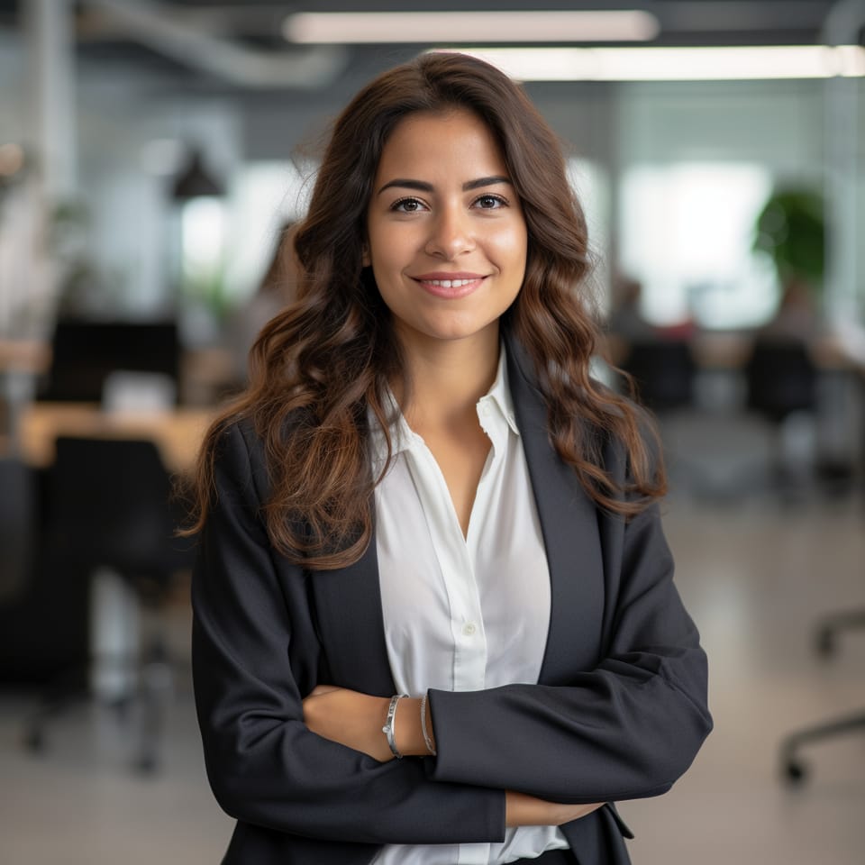 A confident businesswoman smiling with her arms crossed in a bright office