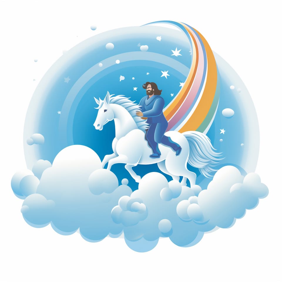 Illustration of a man riding a white unicorn across a rainbow and clouds