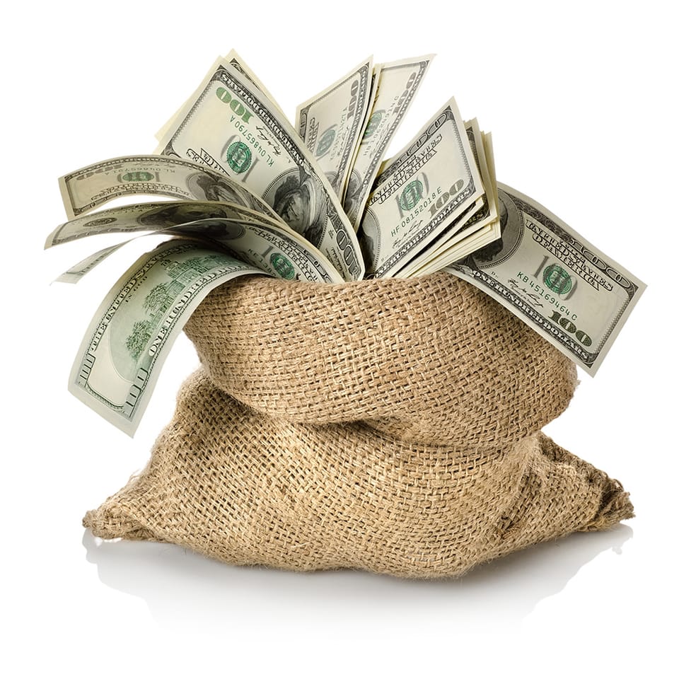 A burlap sack overflowing with hundred-dollar bills