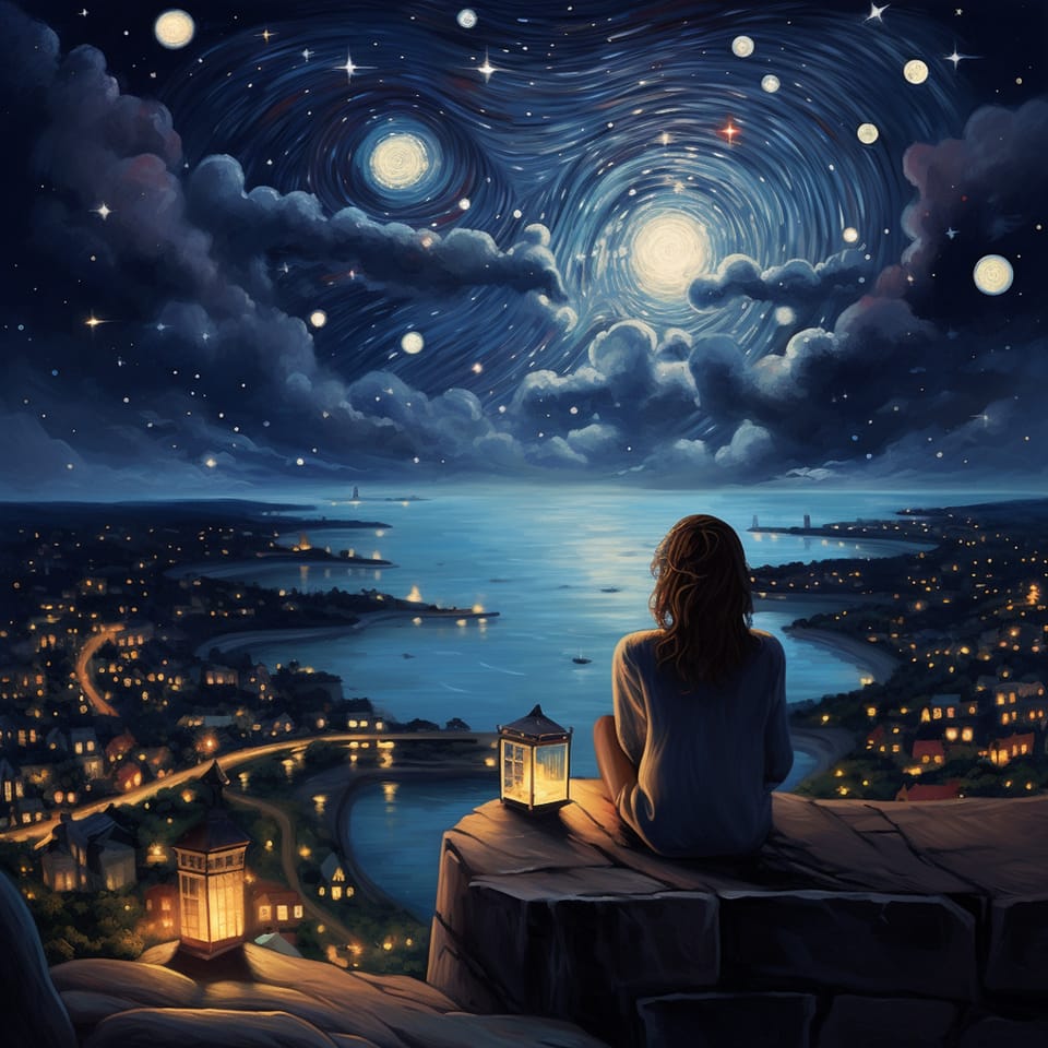 A woman sits on a stone ledge with a lantern, looking out over a harbor town under a swirling starry night sky