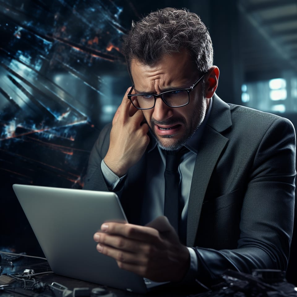 A frustrated man in a suit rubs his forehead while staring at a laptop