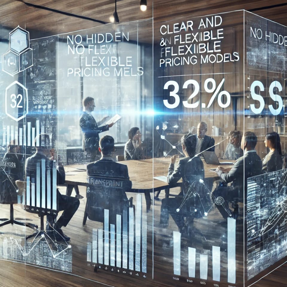 A team meeting seen through glass panels overlaid with charts and the words clear and flexible pricing models
