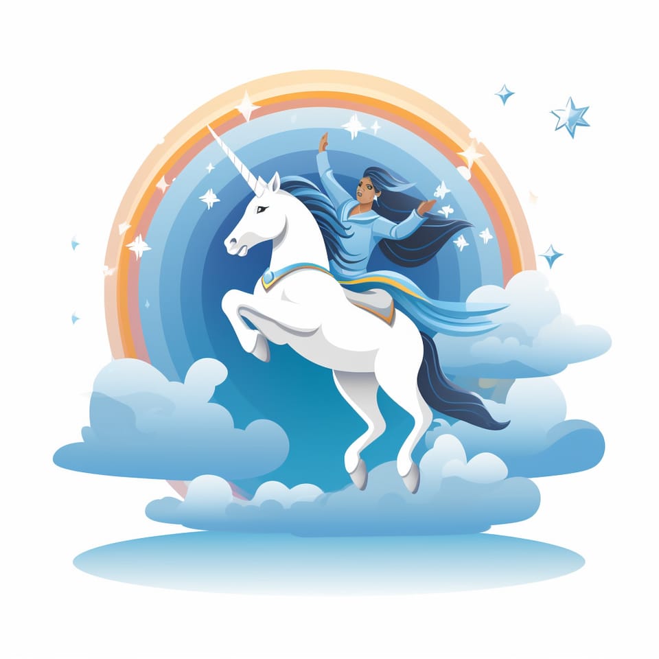 Illustration of a woman riding a rearing unicorn across a rainbow and clouds